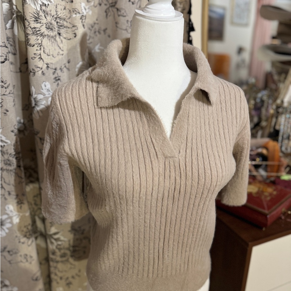 Tan V-Neck Sweater with Ribbed Texture